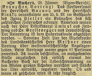 Podle této zprávy byl v lednu 1913 přítomen věnečku lesního personálu hraběte Buquoye v hostinci Igraze Hietlera v Pohoří na Šumavě