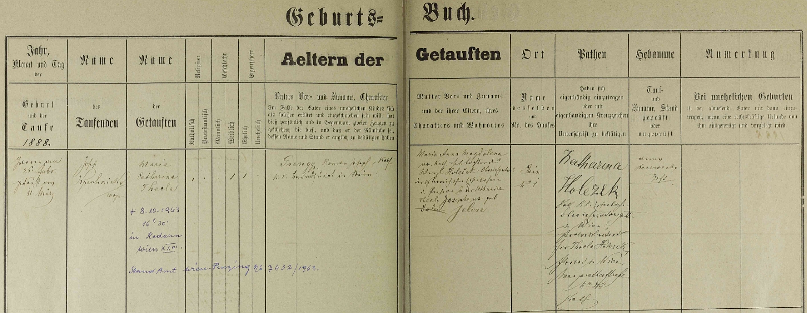 Záznam o jejím narození v křestní matrice dolnorakouské farnosti Stein an der Donau s přípisem o úmrtí