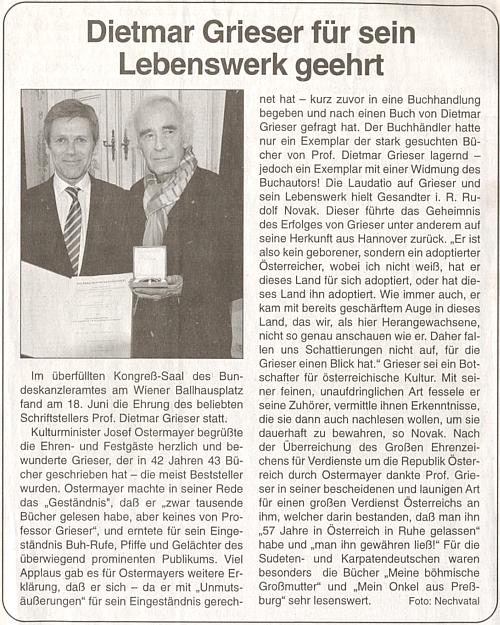 O Grieserově ocenění rakouským ministrem kultury v roce 2014 za životní dílo v referátu na stránkách krajanského listu