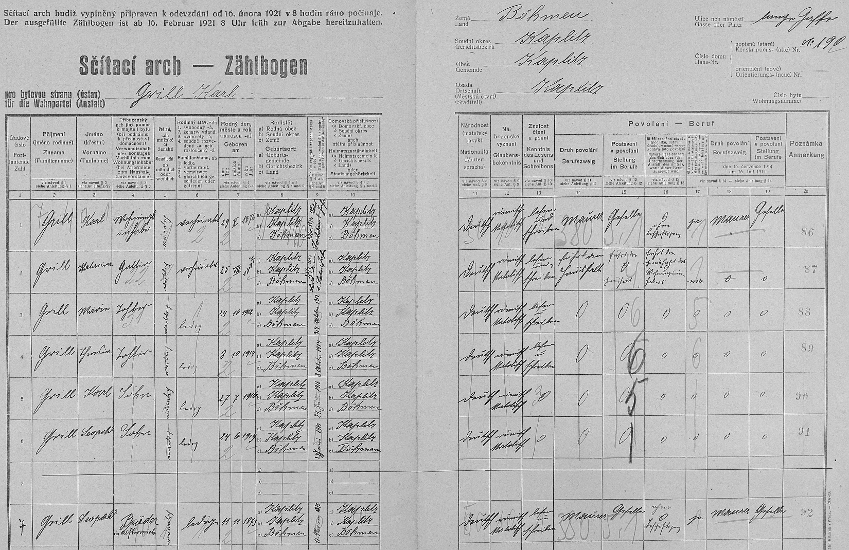 Arch sčítání lidu z roku 1921 pro dům čp. 190 v Kaplici s rodinou Grillovou ještě bez něj