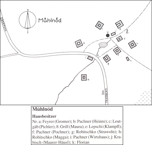 Plánek a seznam majitelů usedlostí ve vsi Milná (tehdy Mühlnöd) z roku 1945
