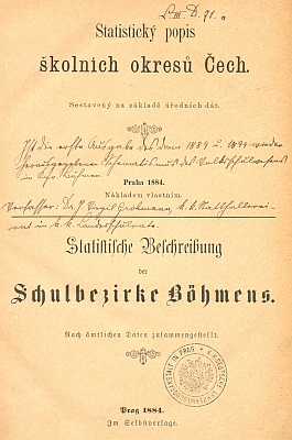 Titulní list "prvého vydání" statistického popisu školních okresů Čech, vydaného pak i v letech 1889 a 1894, určuje dodatečnou poznámkou za jeho vydavatele nákladem vlastním právě Grohmanna na exempláři z regionálního fondu Jihočeské vědecké knihovny, kam se dostal z učitelské bibliotéky c.k. německého učitelského ústavu v Praze