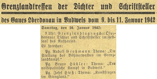 Takto budějovický německý list avizoval jeho projev na "hraničářském setkání"
německých spisovatelů v Českých Budějovicích