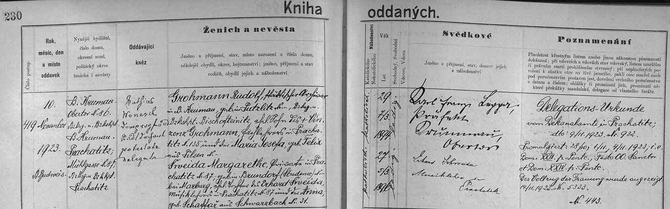 Záznam českobudějovické oddací matriky o jeho zdejší svatbě s Margarethe Šweida, jak je tu nevěsta psána, dne 10. listopadu roku 1923