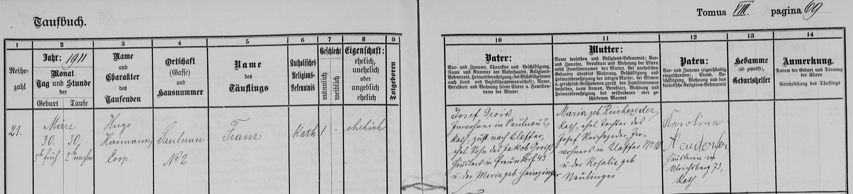 Záznam o narození manželově v křestní matrice farní obce Ulrichsberg