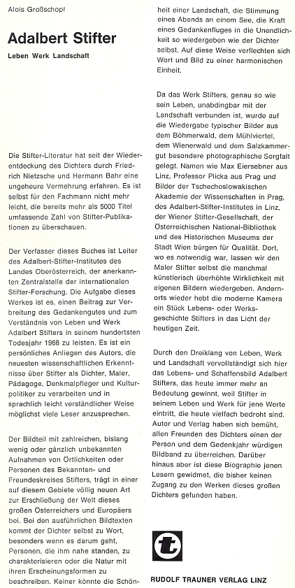 Obálka a vazba (1967) jeho nejzáslužnější publikace vydané v lineckém nakladatelství Rudolf Trauner Verlag