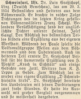 Četl i vlastní povídky na večeru ve Schweinfurtu v březnu roku 1954