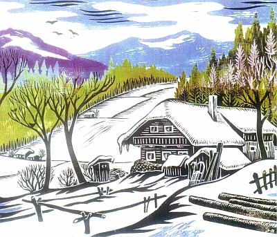 Barevný linoryt "Šumavský dům v zimě"
