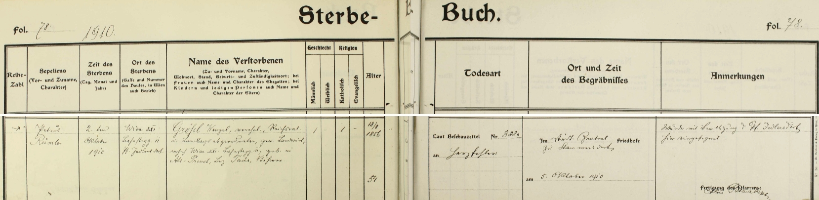 Záznam o jeho skonu v úmrtní matrice vídeňské farnosti Floridsdorf