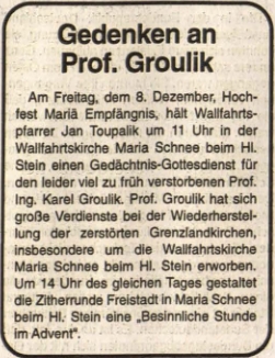 O zádušní mši U Svatého Kamene tu za něho slouženou 8. prosince 1995 referoval takto rakouský krajanský list