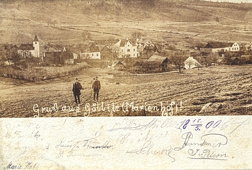 Stará pohlednice, zachycující Jedlici v roce 1952 vymazanou z map, i s kaplí, postavenou v roce 1888, a zámečkem Marienhof