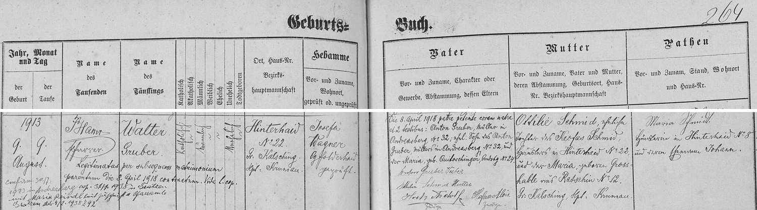 Záznam o jeho narození v ondřejovské křestní matrice (další rodinné matriční záznamy viz Oskar Gruber)