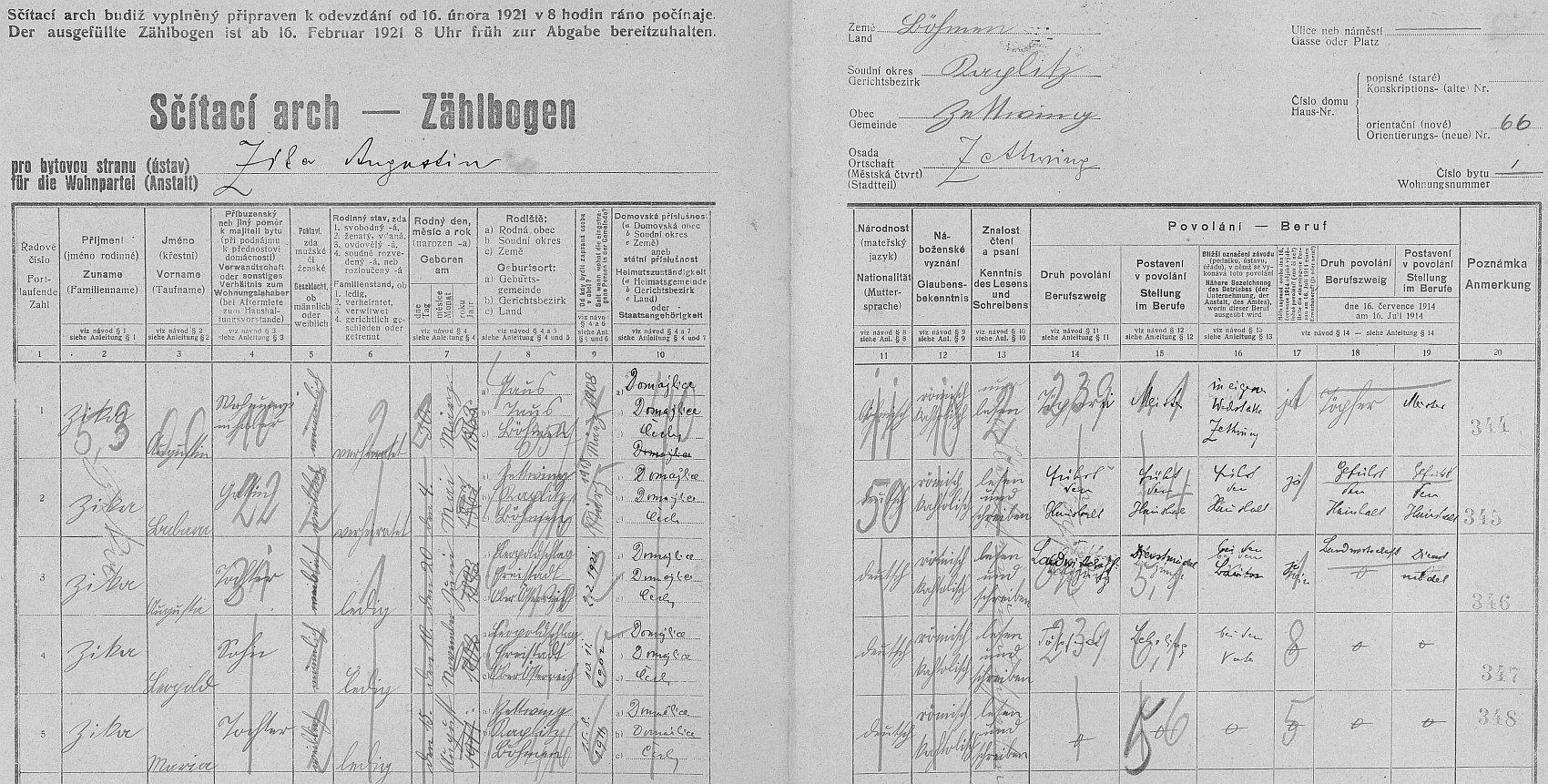 Arch sčítání lidu z roku 1921 pro dům čp. 66 v Cetvinách