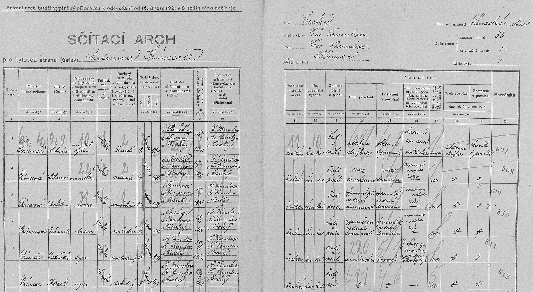 Arch sčítání lidu z roku 1921 pro dům čp. 53 v českokrumlovské Linecké ulici s rodinou Grünerovou i s ním