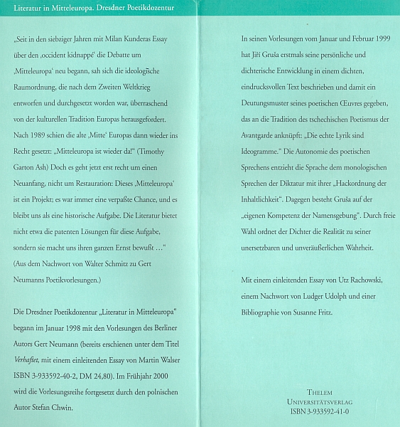 Obálka (2000) souboru jeho německých přednášek o "nárocích básníka, jeho kompetenci a o přítomném čase jako lyrické formě" vydaného v Drážďanech nakladatelstvím Thelem