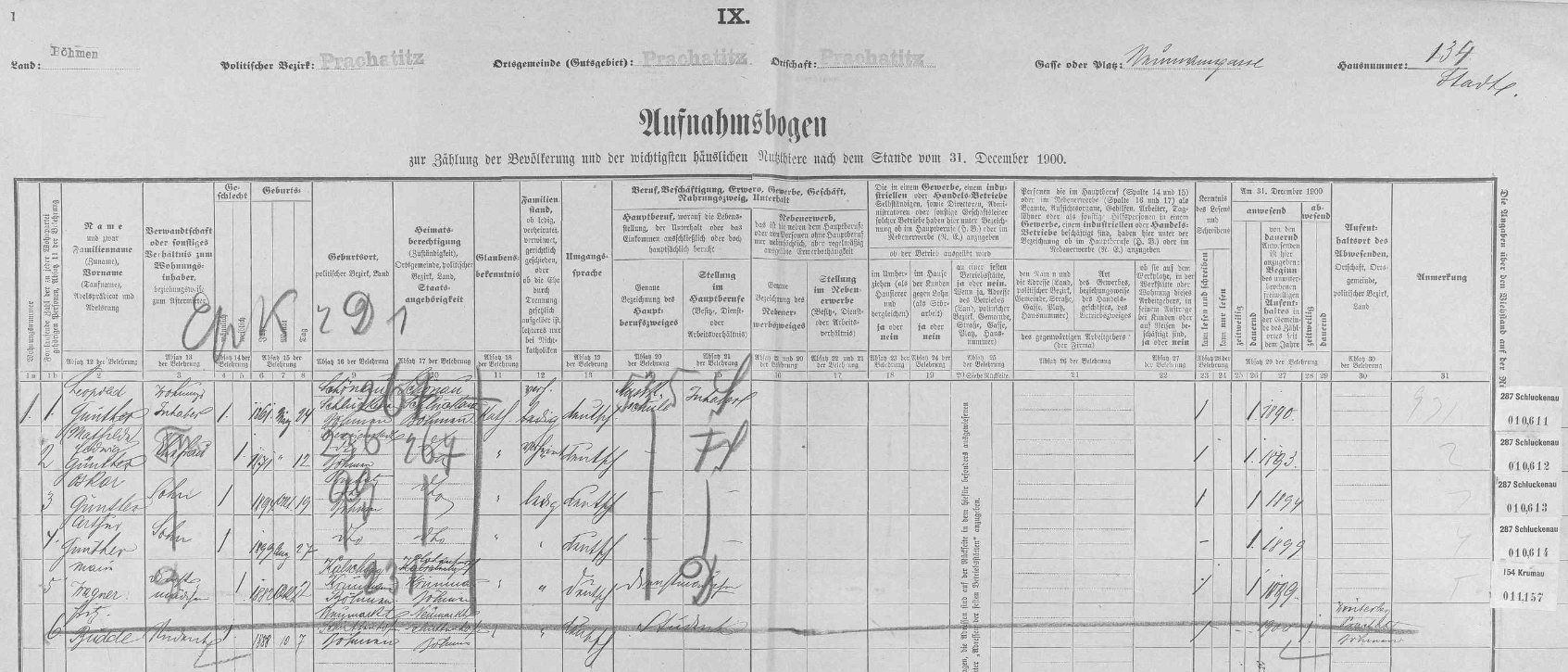 Takto zaznamenává arch sčítání lidu z roku 1900 osazenstvo prachatického domu čp. 134 i s Leopoldem Güntherem a jeho rodinou