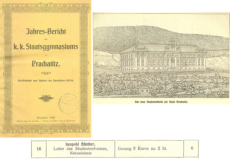 Ve výroční zprávě prachatického gymnázia z roku 1914 je titulován i coby "vedoucí studentského domova",
který je vyobrazen na kresbě z výroční zprávy z roku 1904