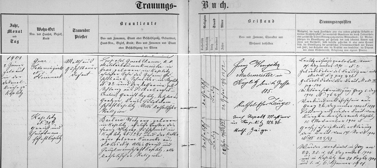 Záznam kaplické oddací matriky o jeho zdejší svatbě v lednu roku 1901 s Barbarou Witzanyovou, dcerou podokováře Franze Witzanyho v Kaplici čp. 285 a Kathariny, roz. Červenkové ze Žáru (Sohors) čp. 9