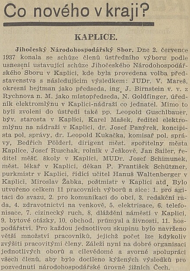 Zpráva listu Republikán o ustavující schůzu Jihočeského národohospodářského sboru v Kaplici, do jehož ústředí byl stejně jako Franz Schützner a Hans Waltenberger zvolen i on