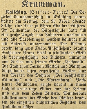 Podle této zprávy se podílel na chvalšinském večeru ke cti Adalberta Stiftera přednáškou s promítáním světelných obrazů