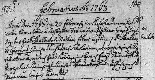 Latinský záznam v českobudějovické matrice o jeho křtu (příjmení otcovo je tu psáno "Gerowetz"!)
v katedrále sv. Mikuláše dne 20. února 1763