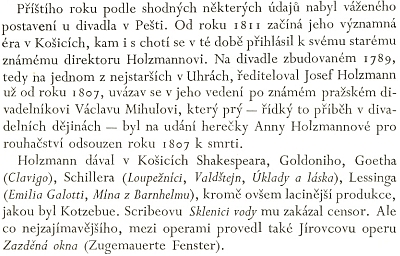 Josef Knap ve své historii divadelního rodu Zöllnerů, vydané nakladatelstvím Orbis roku 1958, zmiňuje i uvedení Jírovcovy opery "Zazděná okna" v klasickém repertoáru divadla ve dnes východoslovenských Košicích za ředitelování Josefa Holzmanna, působícího tu od roku 1807 s přestávkami do roku 1813