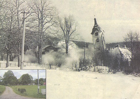 Kostel sv. Prokopa v Prášilech, odstřelený 4. ledna 1979, a dnešní stav místa, kde stával