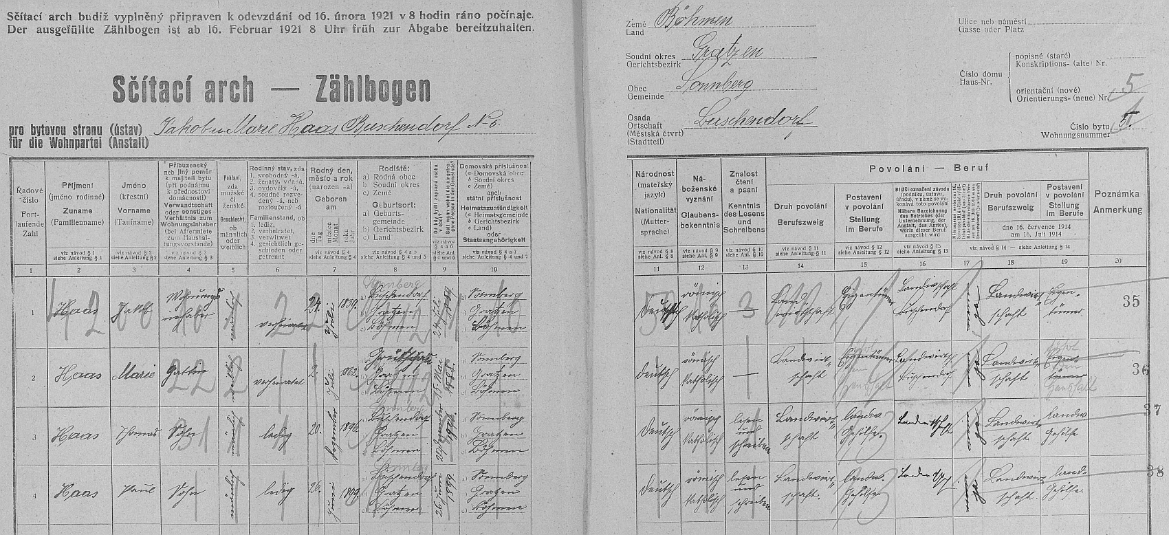 Arch sčítání lidu z roku 1921 pro stavení čp. 5 v Božejově s rodinou jeho otce Paula