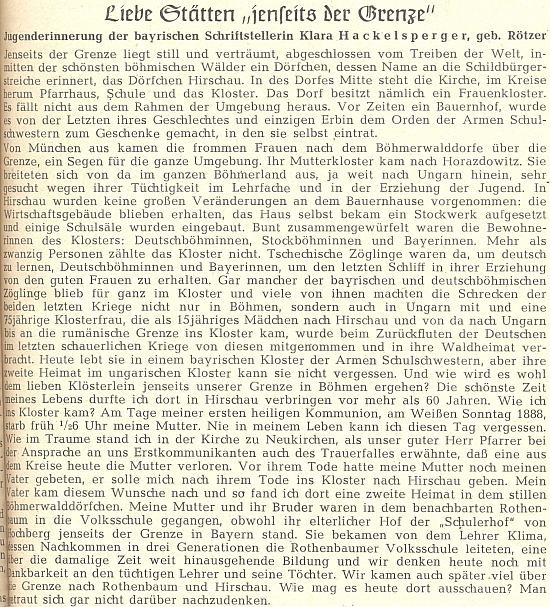 Její text o klášteře v Hyršově na stránkách krajanského časopisu