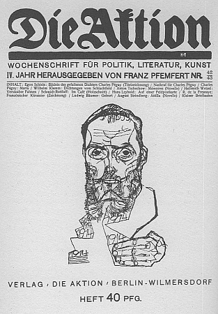 Obálka čísla časopisu Die Aktion z října 1914 s portrétem Charlese Péguyho od Egona Schieleho - to už byl ovšem Hadwiger tři roky mrtev