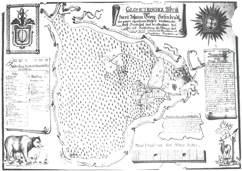 Mapka podílu Johanna Georga Hafenbrädla (1759-1807) na zboží hůrecké sklárny z roku 1794, "kreslená ručně" Johannem Michlem, "vrchním lovčím a zkoušeným inženýrem" - území "Glashüttengut Hurkenthal" sousedilo na západě s územím deskového statku Debrník a Hafenbrädl je prodal roku 1800 Christianu Ferdinandu Abele (1742-1801)