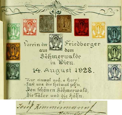 Podpis jejího otce mezi účastníky spolkového setkání "Frymburských ze Šumavy" ve Vídni 14. srpna 1928