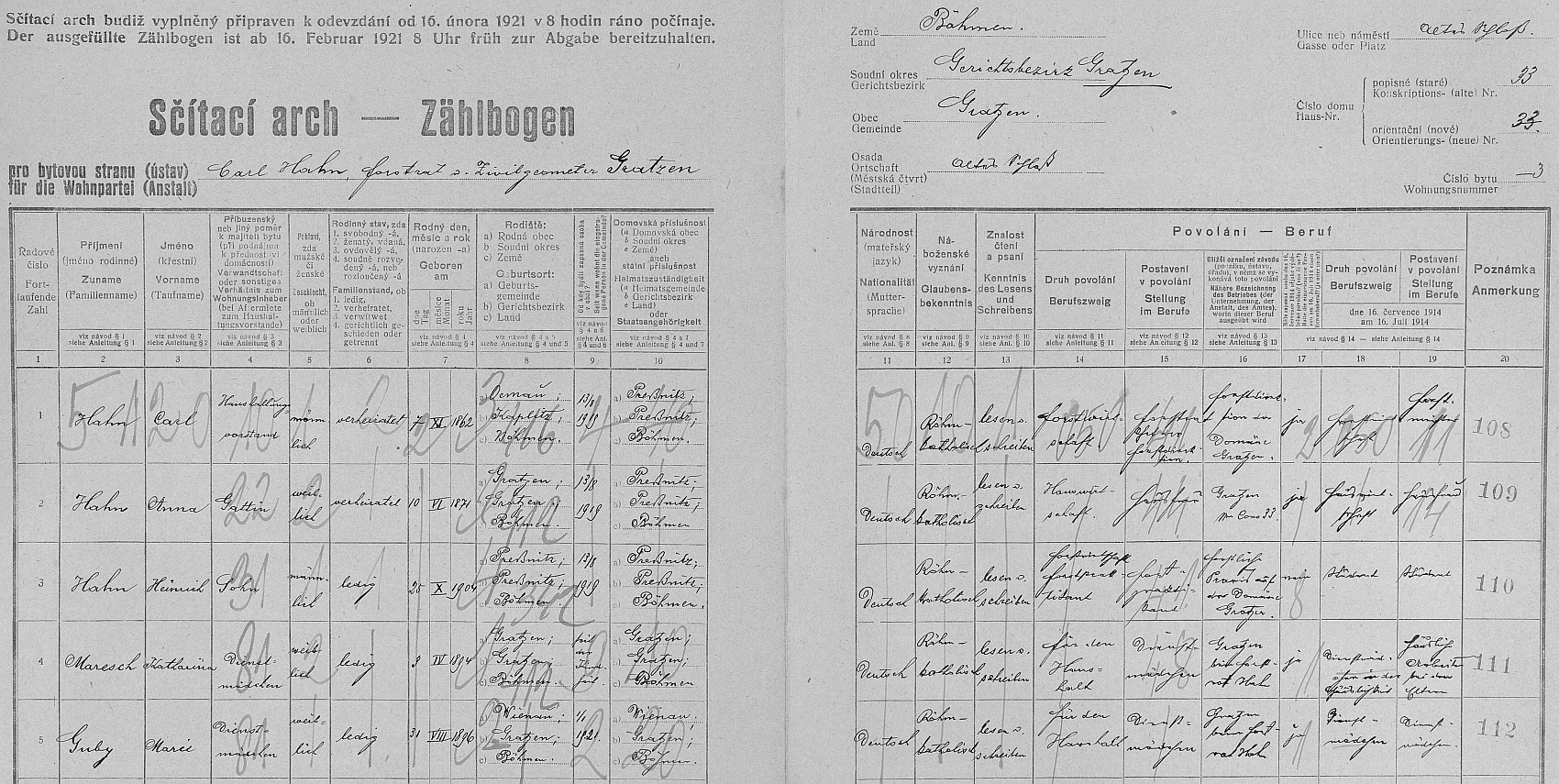Arch sčítání lidu z roku 1921 pro byt č. 3 na "starém zámku" čp. 33 v Nových Hradech
