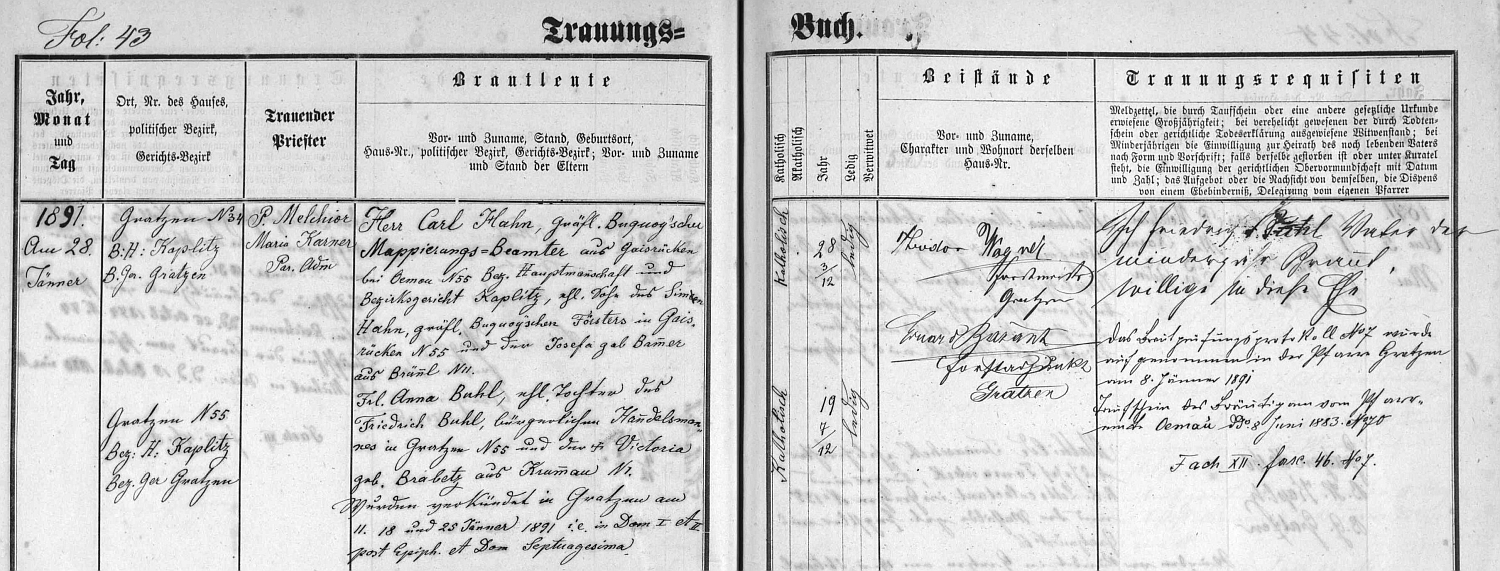 Záznam v novohradské knize oddaných o svatbě otcových rodičů, jimž tu jsou podepsáni za svědky Theodor Wagner a Eduard Bažant