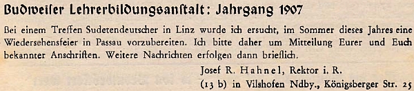 V roce 1957 připravoval setkání absolventů českobudějovického učitelského ústavu z roku 1907