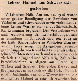 Podle této zprávy zemřel v prosinci 1956 jeho syn Werner Hahnel, rovněž učitel