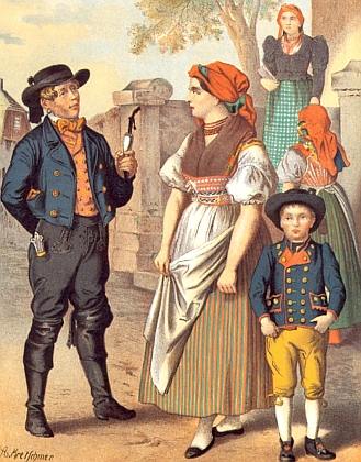 Ilustrace z knihy Alberta Kretschmera (1825-1891) "Das große Buch der Volkstrachten" (1887) a kroj na novějším snímku Josefa Goblirsche dokazují kontinuitu lidového oděvu z Haibachova rodného Přimdska