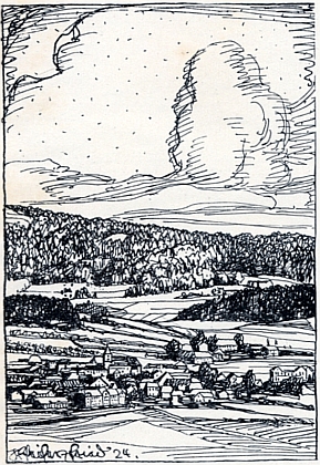 Týž frýdlantský malíř doprovodil Hajekovu knihu kresbami Stifterovy rodné Horní Plané a jeho obelisku nad Plešným jezerem
