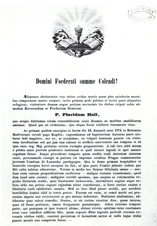 Strana oběžníku, posílaného od kláštera ke klášteru, se zprávou o jeho skonu v Pfarrkirchen 2. května 1853