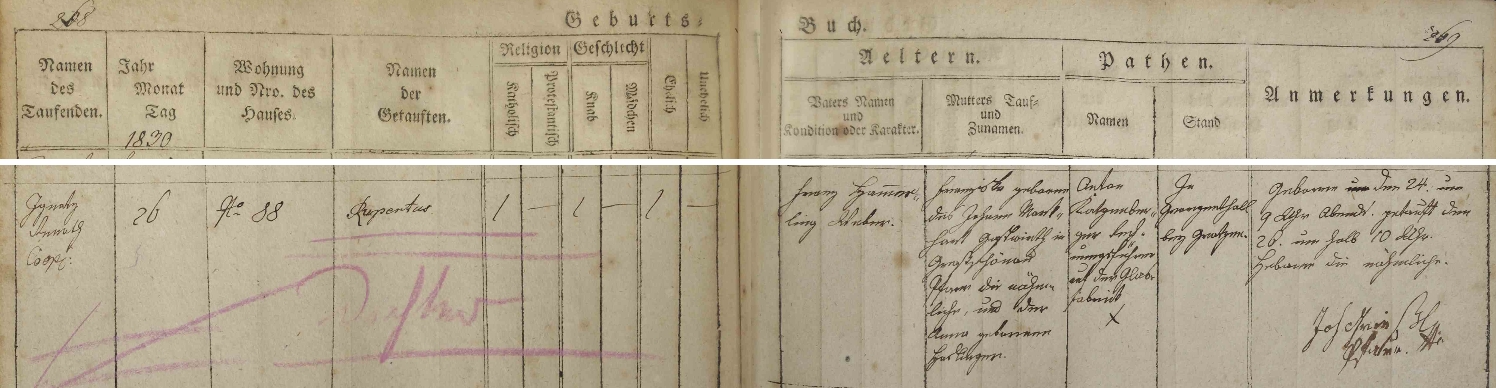 Záznam matriky farní obce Kirchberg am Walde o jeho narození 24. března roku 1830 v Kirchberg am Walde čp. 88 a křtu dva dny nato, tj. 26. března jménem Rupertus, které si později změnil na Robert - otec, tkadlec Franz Hammerling (1799-1879) byl synem Leopolda Hammerlinga a Franzisky, roz. Ederové, matka Franziska (1806-1892) byla dcerou hostinského Johanna Markharta v Großschönau (okr. Gmünd) a Anny Marie, roz. Haslingerové - kmotrem dítěte se stal Anton Katzenberger, účetní sklárny v Jiříkově Údolí u Nových Hradů (v matrice psáno "in Georgenthall bey Gratzen")