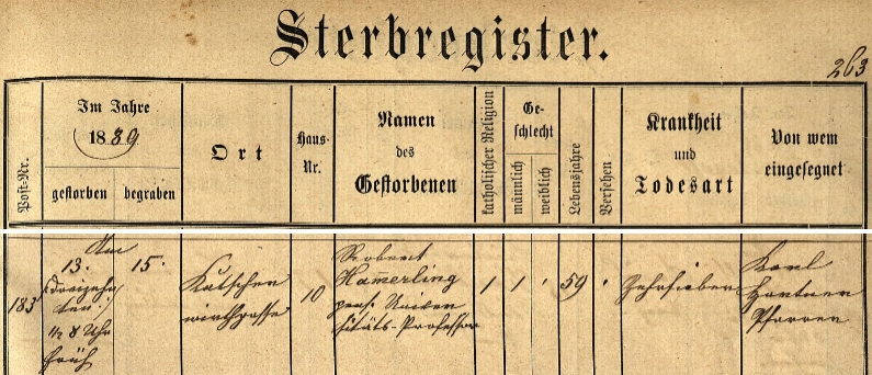 Záznam o Hamerlingově úmrtí v matrice farnosti při kostele sv. Leonarda ve Štýrském Hradci