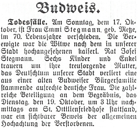 Zpráva o úmrtí její babičky z otcovy strany, vdovy po továrníkovi Josefu Stegmannovi Emmi, roz. Metzeové, v budějovickém tisku