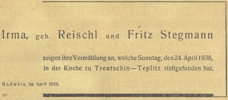 Její rodiče oznámili takto svou svatbu 24. dubna 1938 v Trenčanských Teplicích na stránkách budějovických německých novin