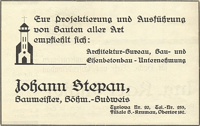 Inzerát firmy Johann Stepan v publikaci Johanna Grundla a Hanse Foschuma o novém kostele ve Větřní z dramatického roku 1938 - realizace jeho stavby byla svěřena právě Stepanově firmě