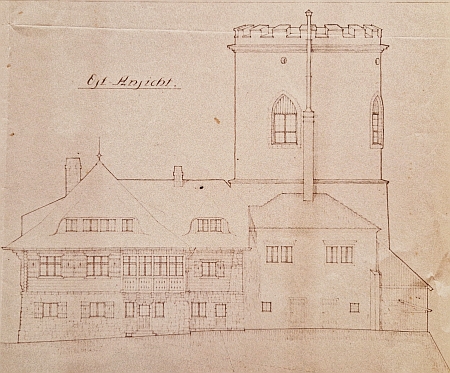 Přední pohled na chatu a řez jednotlivých pater z projektové dokumetace (1925)