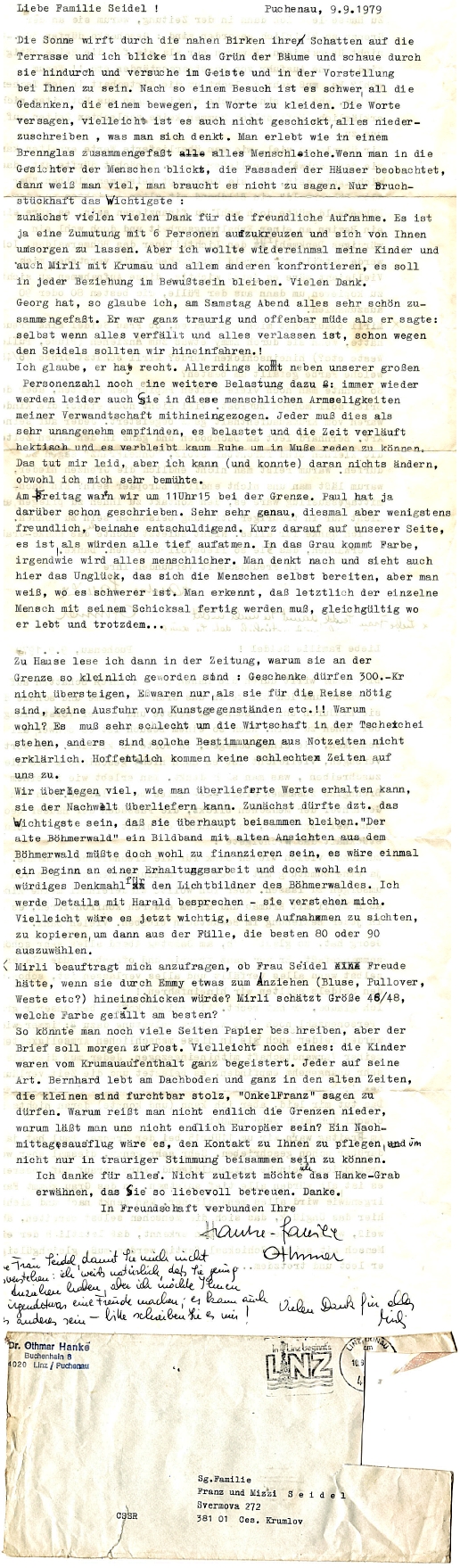 Dopis Othmara Hankeho manželům Seidelovým z roku 1979