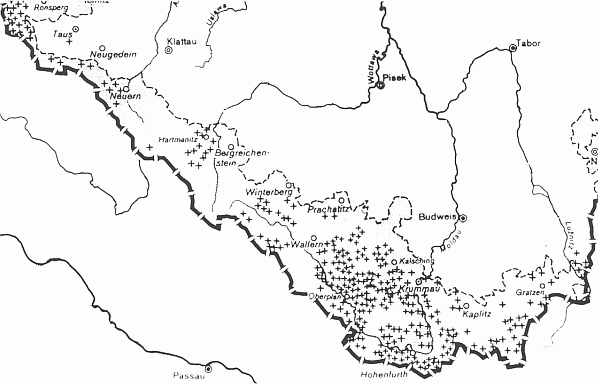 Mapka zaniklých obcí a osad na Šumavě po roce 1945 zachycuje i její rozlohu od Poběžovic
až po tok mladé Lužnice, i zde psané Lužnitz (viz i www stránky Zaniklé obce)