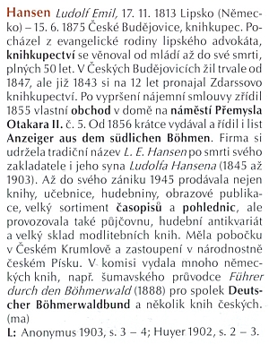 Otec "zakladatel" Ludolf Emil Hansen a heslo šifry (ma)(= Jan Mareš) v Encyklopedii Českých Budějovic (1998)