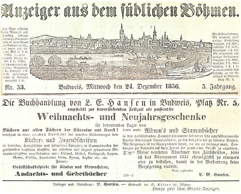 Záhlaví, inzerát a impressum v posledním vánočním čísle 5. ročníku listu Anzeiger aus dem südlichen Böhmen, který toho roku 1856 Ludolf Emil Hansen vydával a redigoval