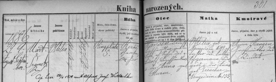 Záznam o narození jeho dcery Ottilie 29. srpna roku 1886 v českobudějovické matrice s přípisem o její svatbě v dubnu 1913 s Alfredem Josefem Wiltschko - podepsána je tu i babička novorozeněte Anna, roz. Sturmová - a s dalšími údají o manželce Ludolfa Edmunda Hansena: byla dcerou Antona Aggermanna a Anny, roz. Trescherové, obou ze Kdyně na Šumavě (Neugedein)